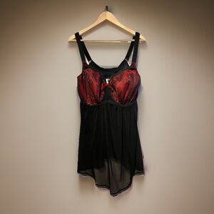 Elomi 40J Babydoll Lingerie Black Red Lace Underwire Plus Size Chemise
